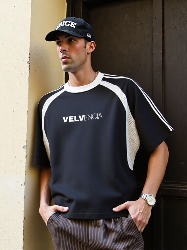 Contrast Stripes Panel Mesh T-shirt