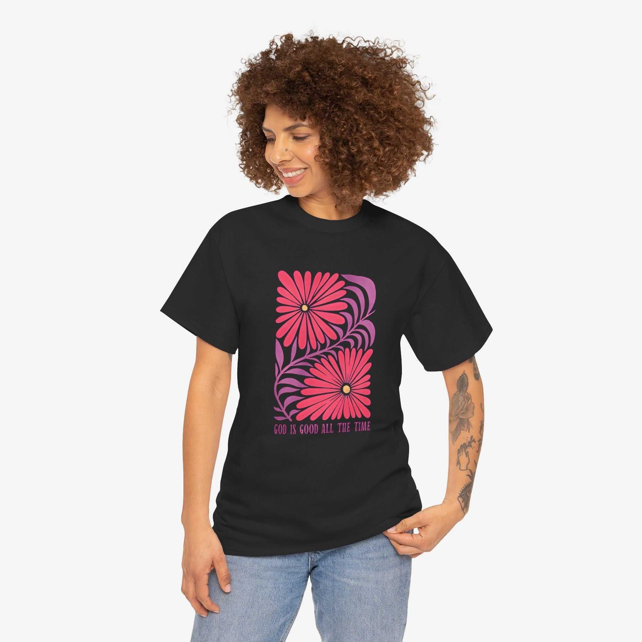 God is Good Heavy Cotton Tee - Inspirational Floral Design for Everyday Wear