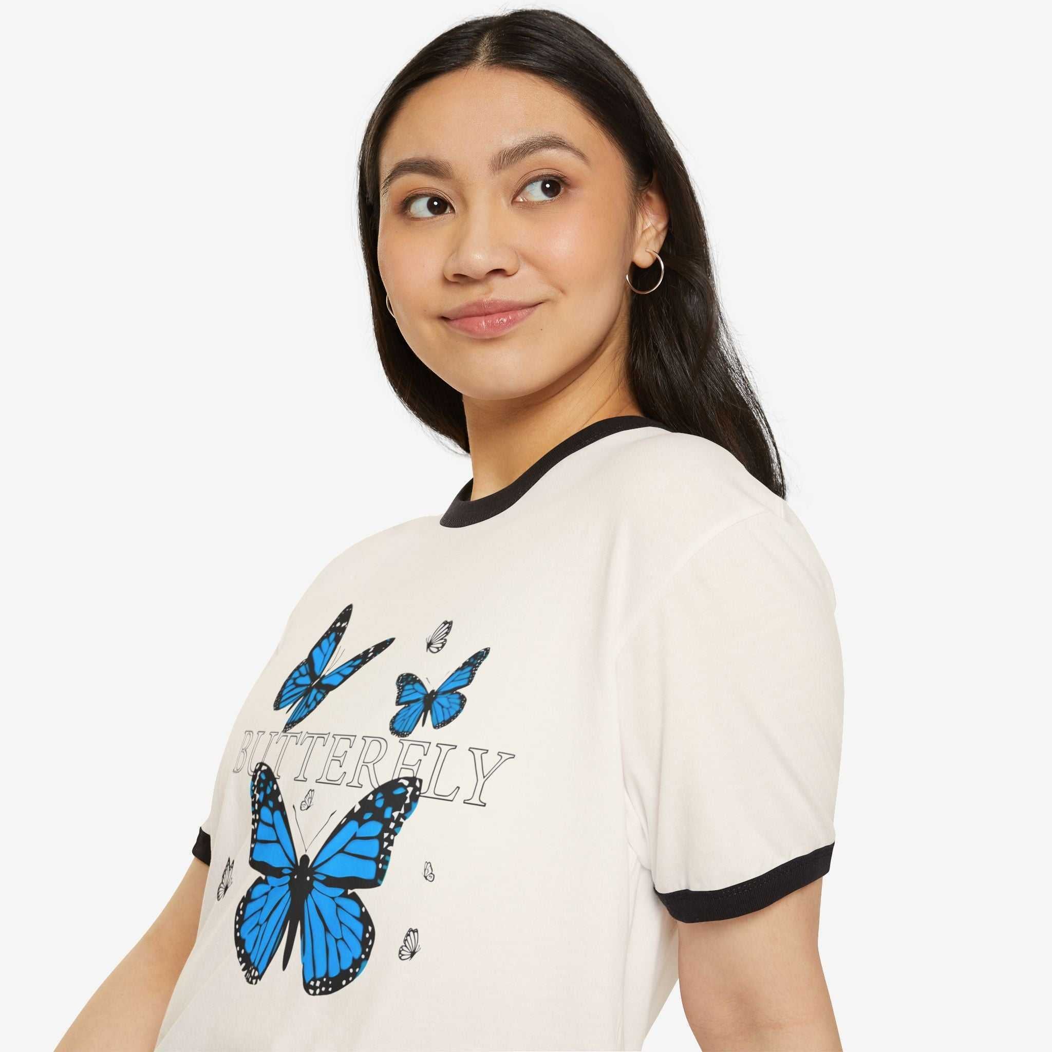 Butterfly Ringer T-Shirt - Unisex Cotton Tee for Nature Lovers