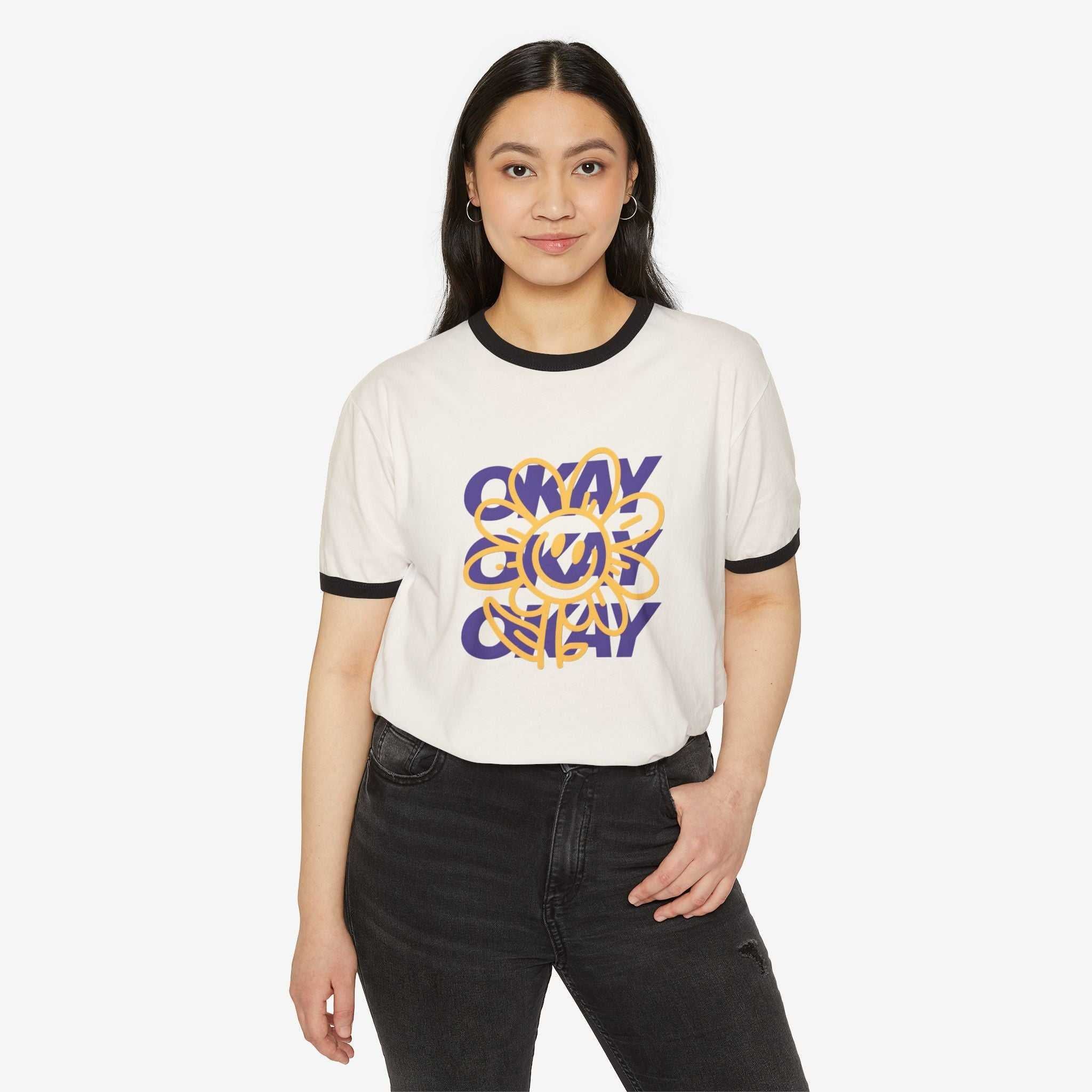 Unisex Cotton Ringer T-Shirt - "Okay" Floral Design, Casual Wear