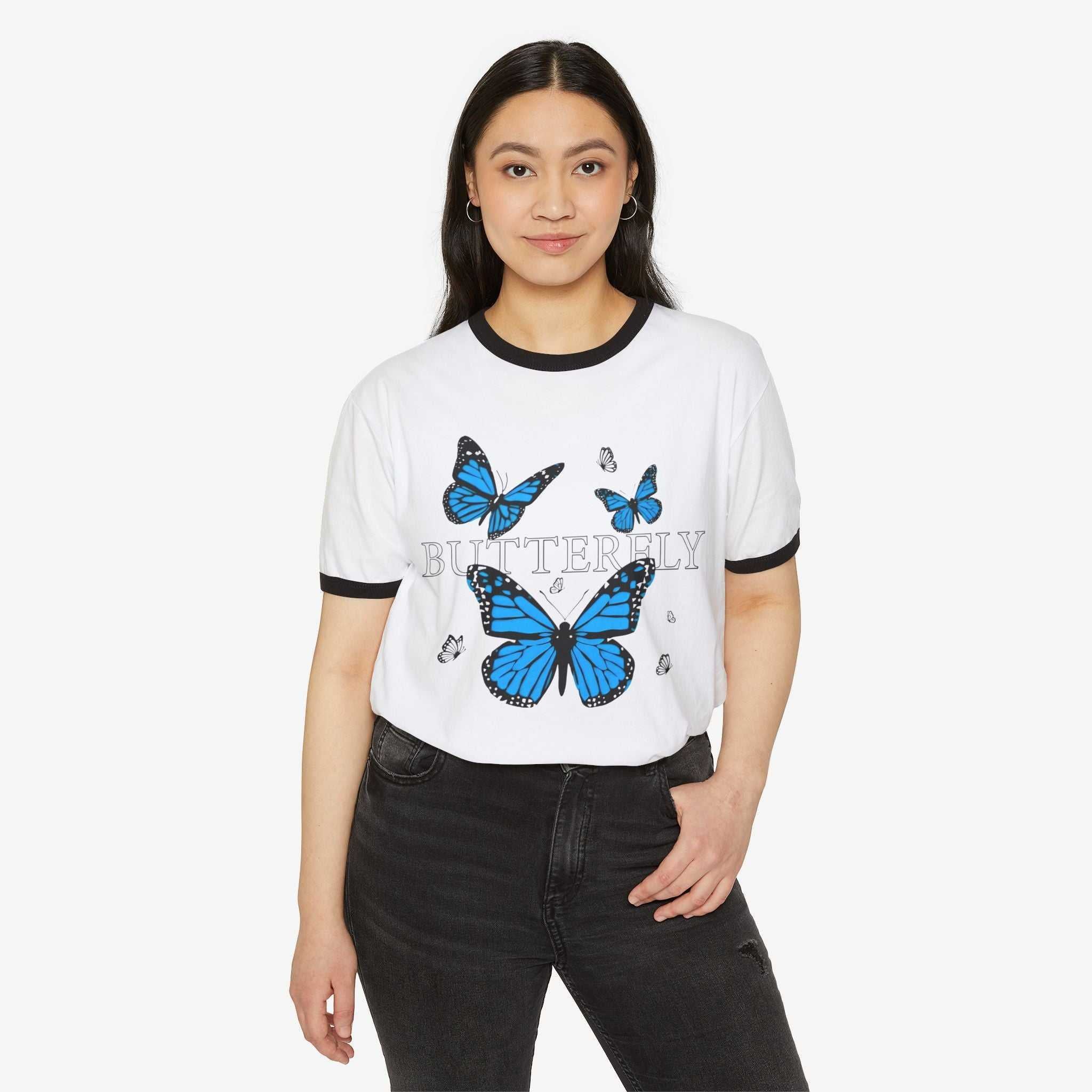 Butterfly Ringer T-Shirt - Unisex Cotton Tee for Nature Lovers