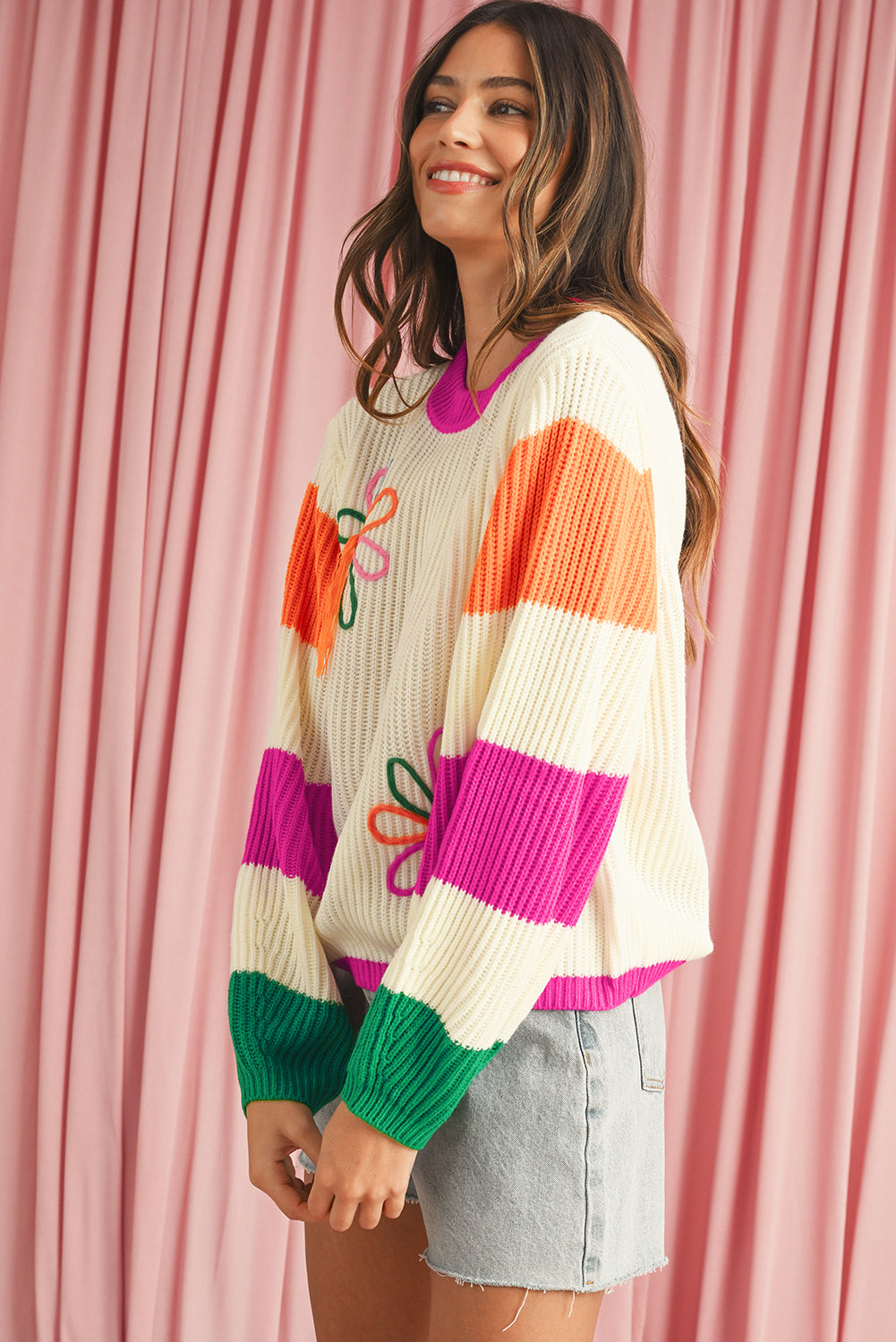 Beige Cute Flower Colorblock Puff Sleeve Sweater