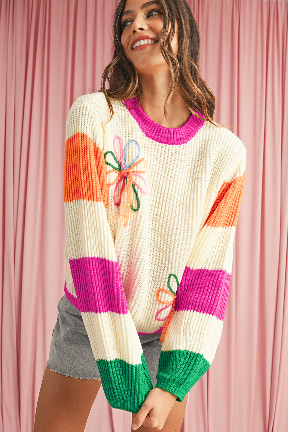 Beige Cute Flower Colorblock Puff Sleeve Sweater