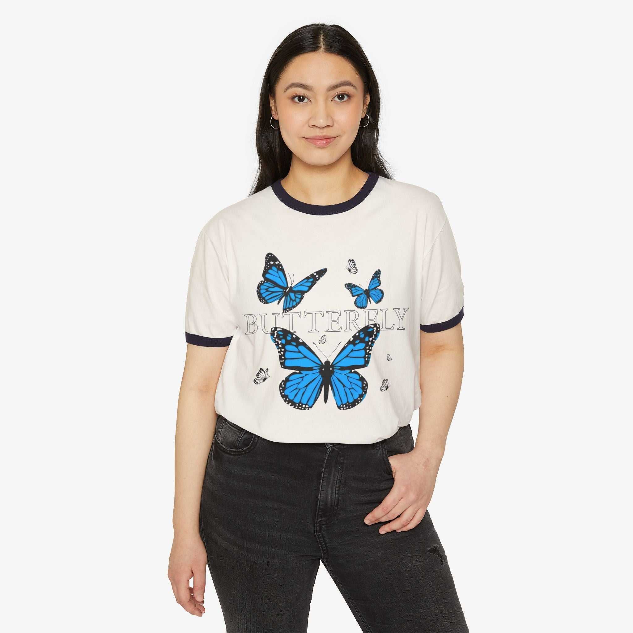 Butterfly Ringer T-Shirt - Unisex Cotton Tee for Nature Lovers