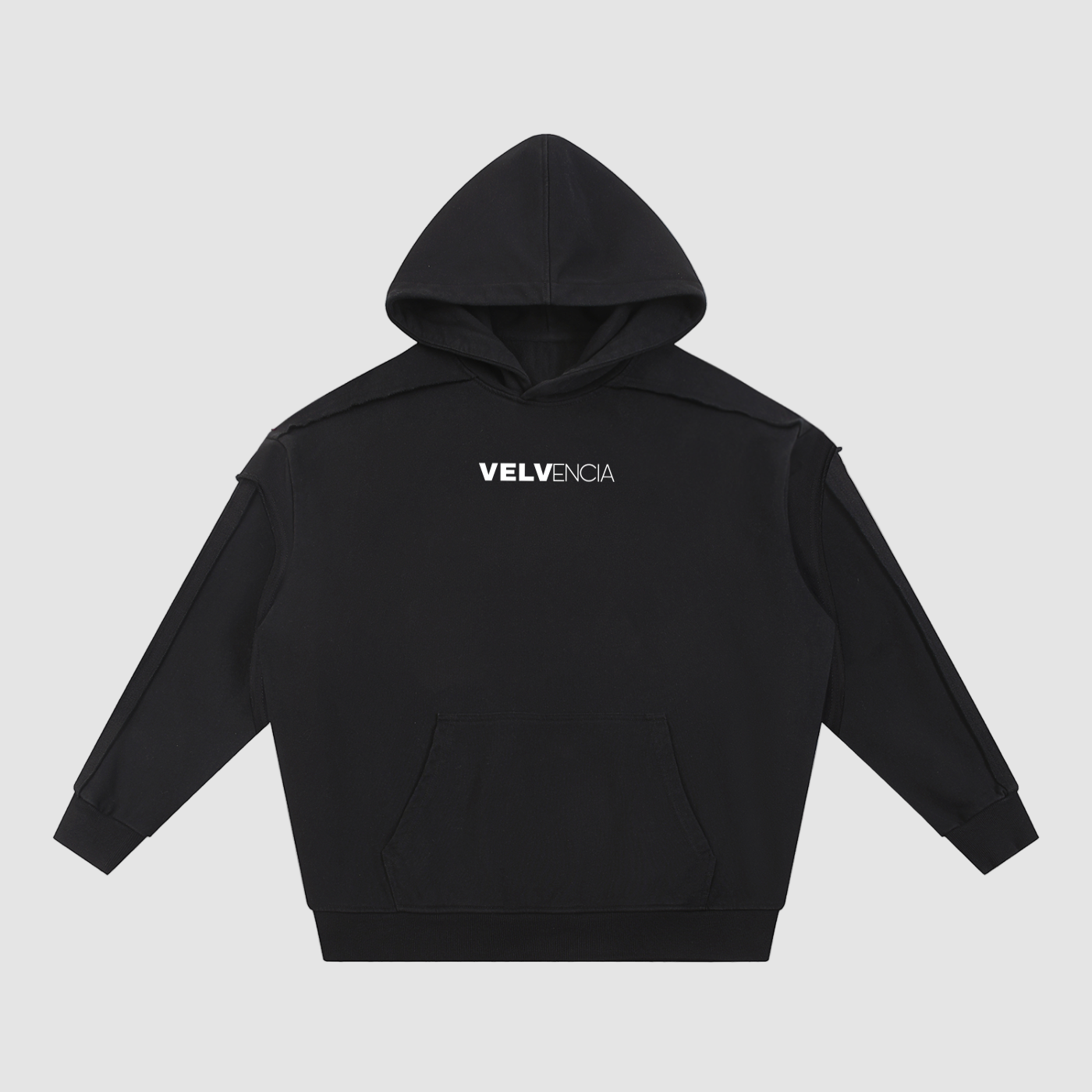 Black hoodie with 'VELVENIA' logo on a white background