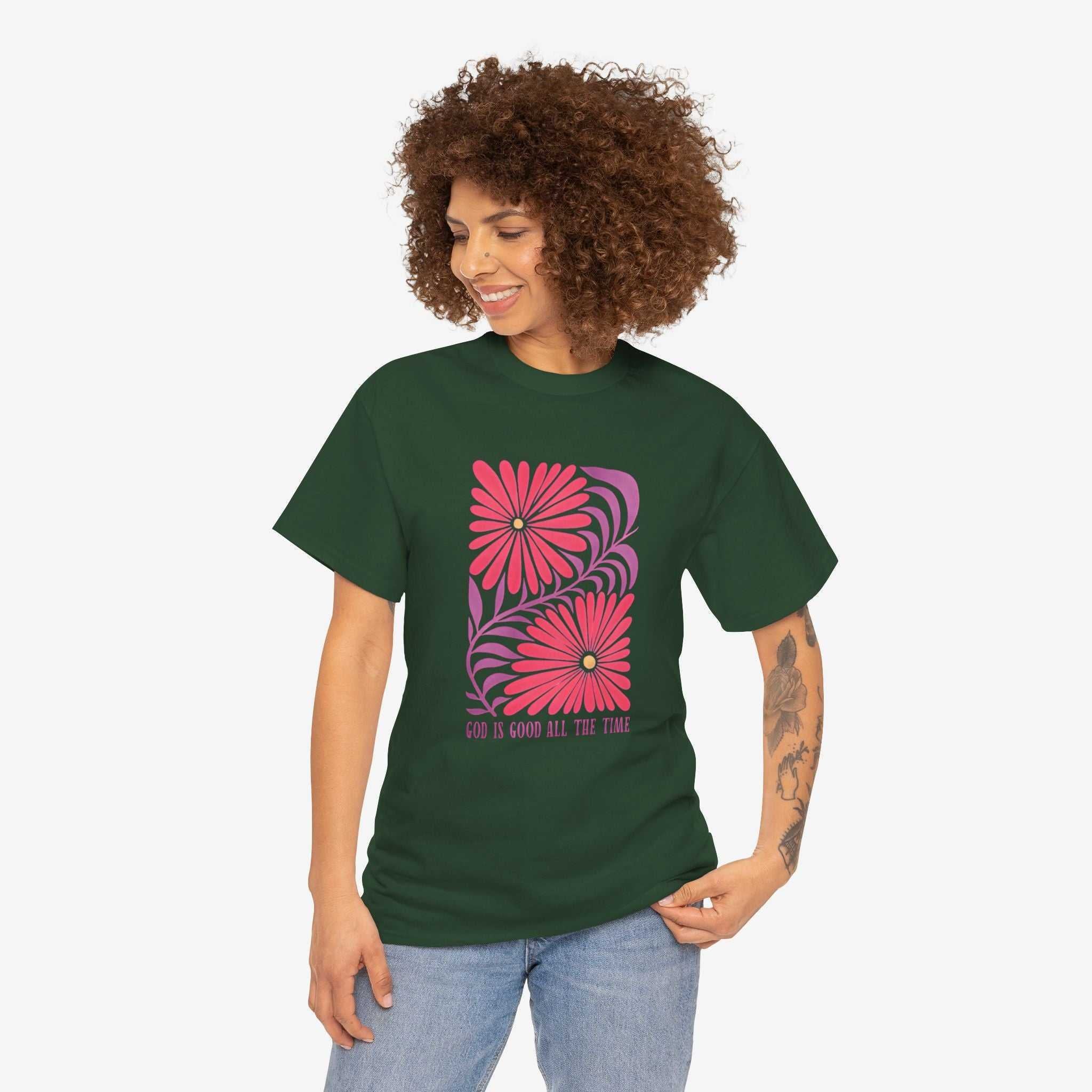 God is Good Heavy Cotton Tee - Inspirational Floral Design for Everyday Wear