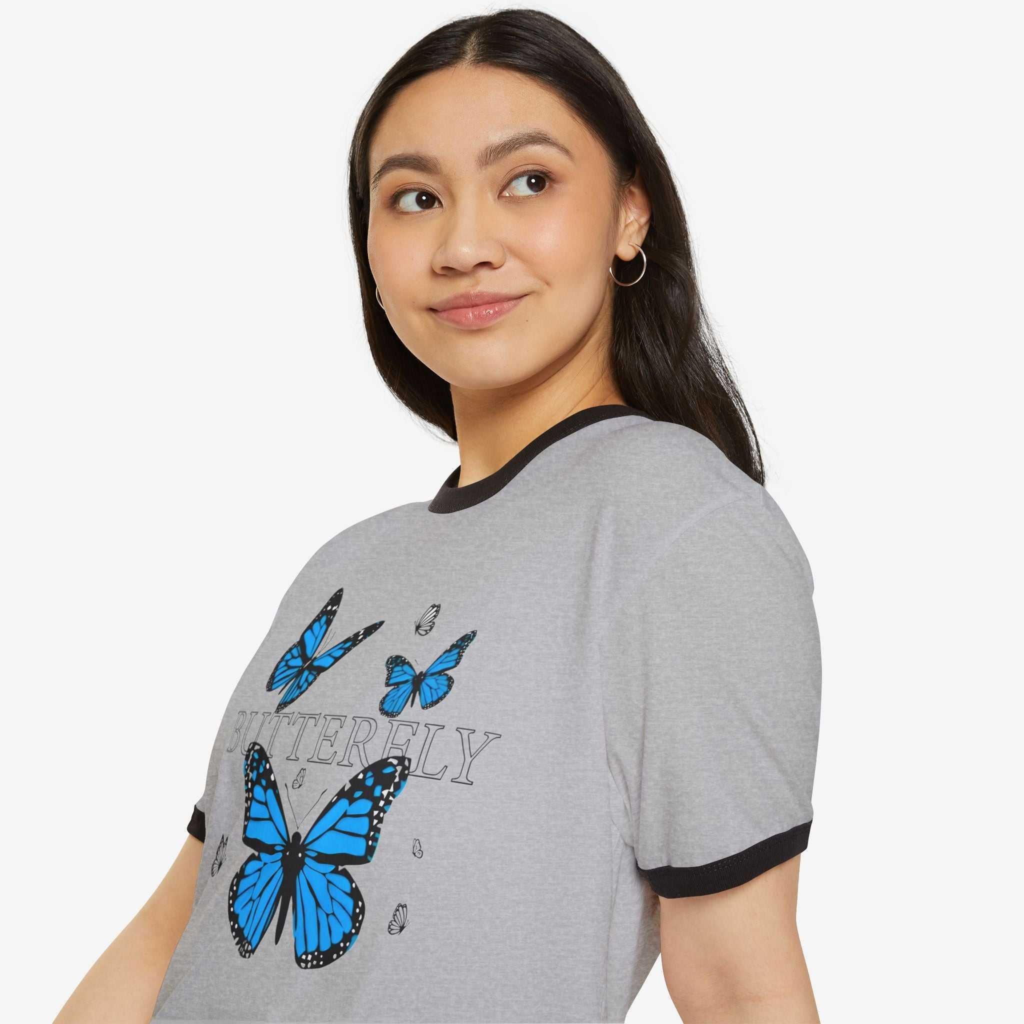 Butterfly Ringer T-Shirt - Unisex Cotton Tee for Nature Lovers