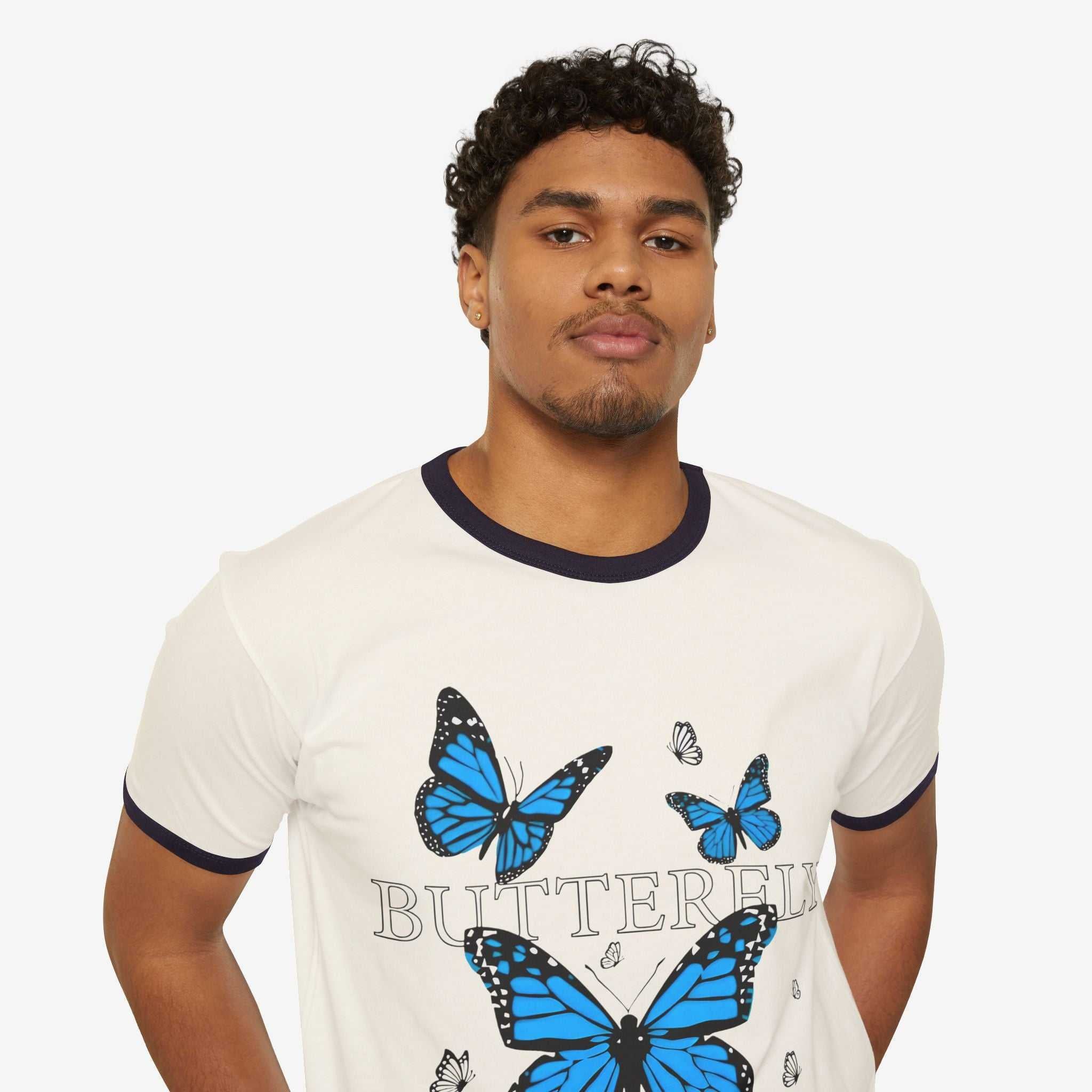 Butterfly Ringer T-Shirt - Unisex Cotton Tee for Nature Lovers