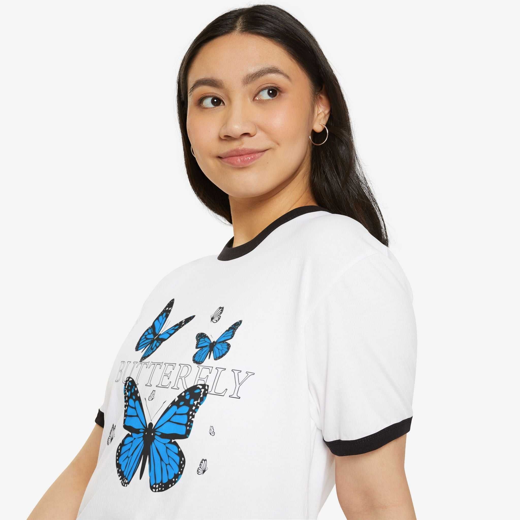 Butterfly Ringer T-Shirt - Unisex Cotton Tee for Nature Lovers