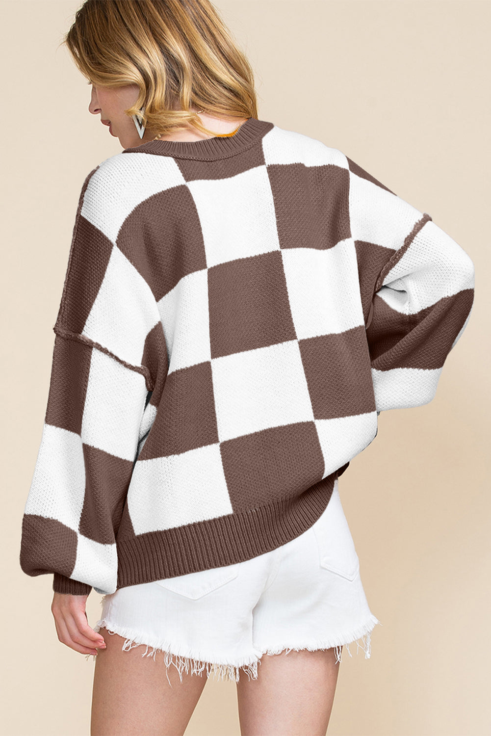 Dark Brown Plaid Bishop Sleeve Pullover Sweater