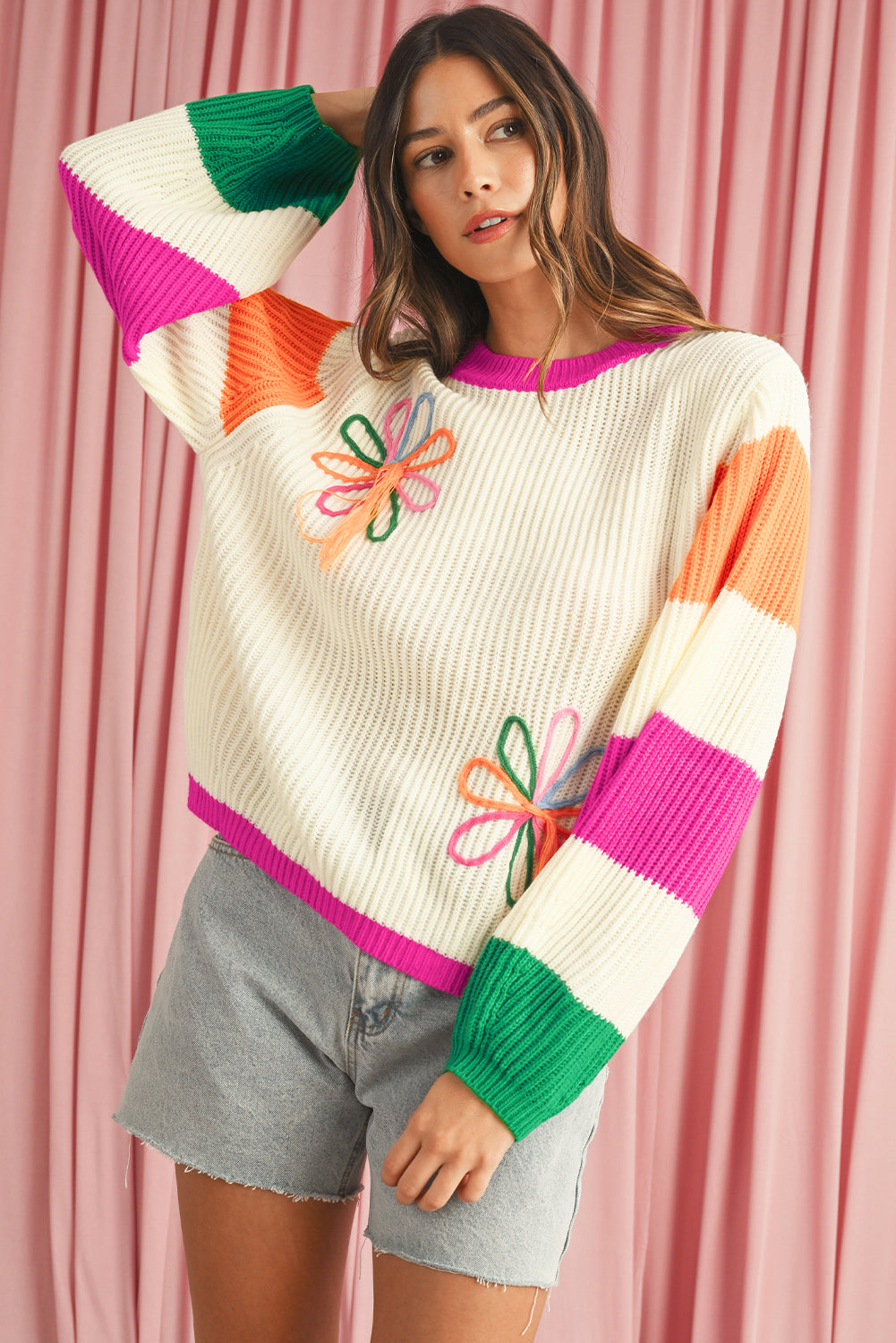 Beige Cute Flower Colorblock Puff Sleeve Sweater