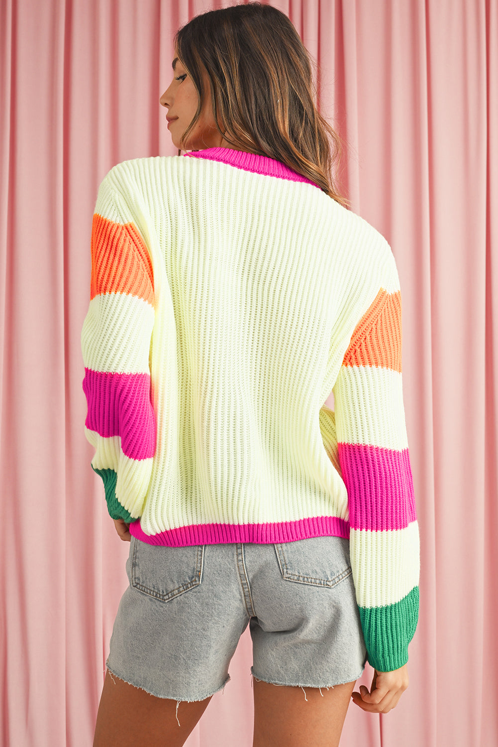 Beige Cute Flower Colorblock Puff Sleeve Sweater