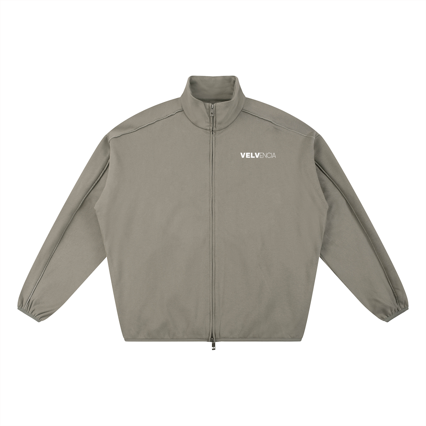 Gray jacket with 'VELVENCIA' branding on a white background