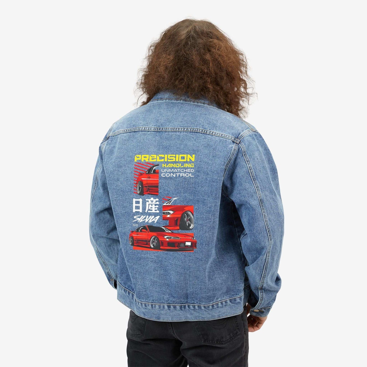 Men's Denim Jacket with Retro Car Design - Precision Handling Vibe