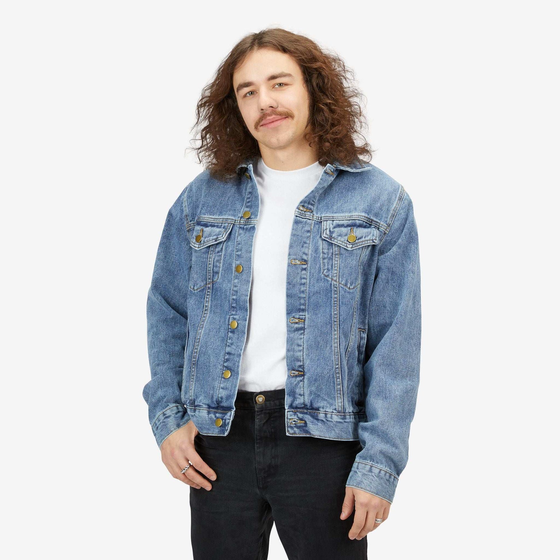 Men's Denim Jacket with Motivational Design - 'Never Let Fear Stop You'