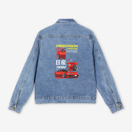 Men's Denim Jacket with Retro Car Design - Precision Handling Vibe