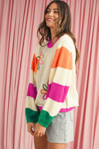 Beige Cute Flower Colorblock Puff Sleeve Sweater