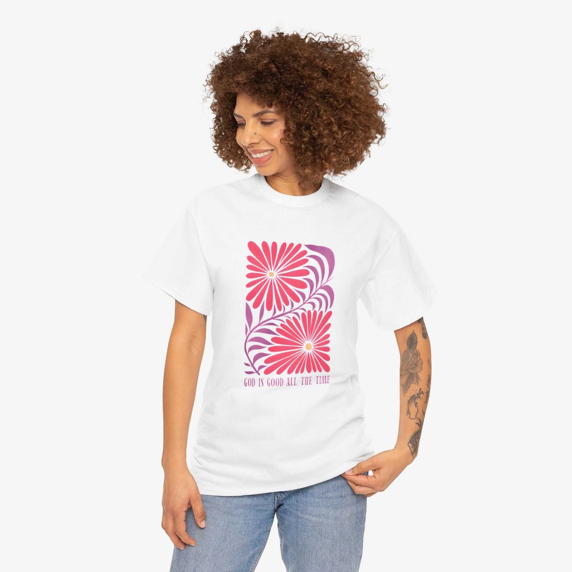 God is Good Heavy Cotton Tee - Inspirational Floral Design for Everyday Wear