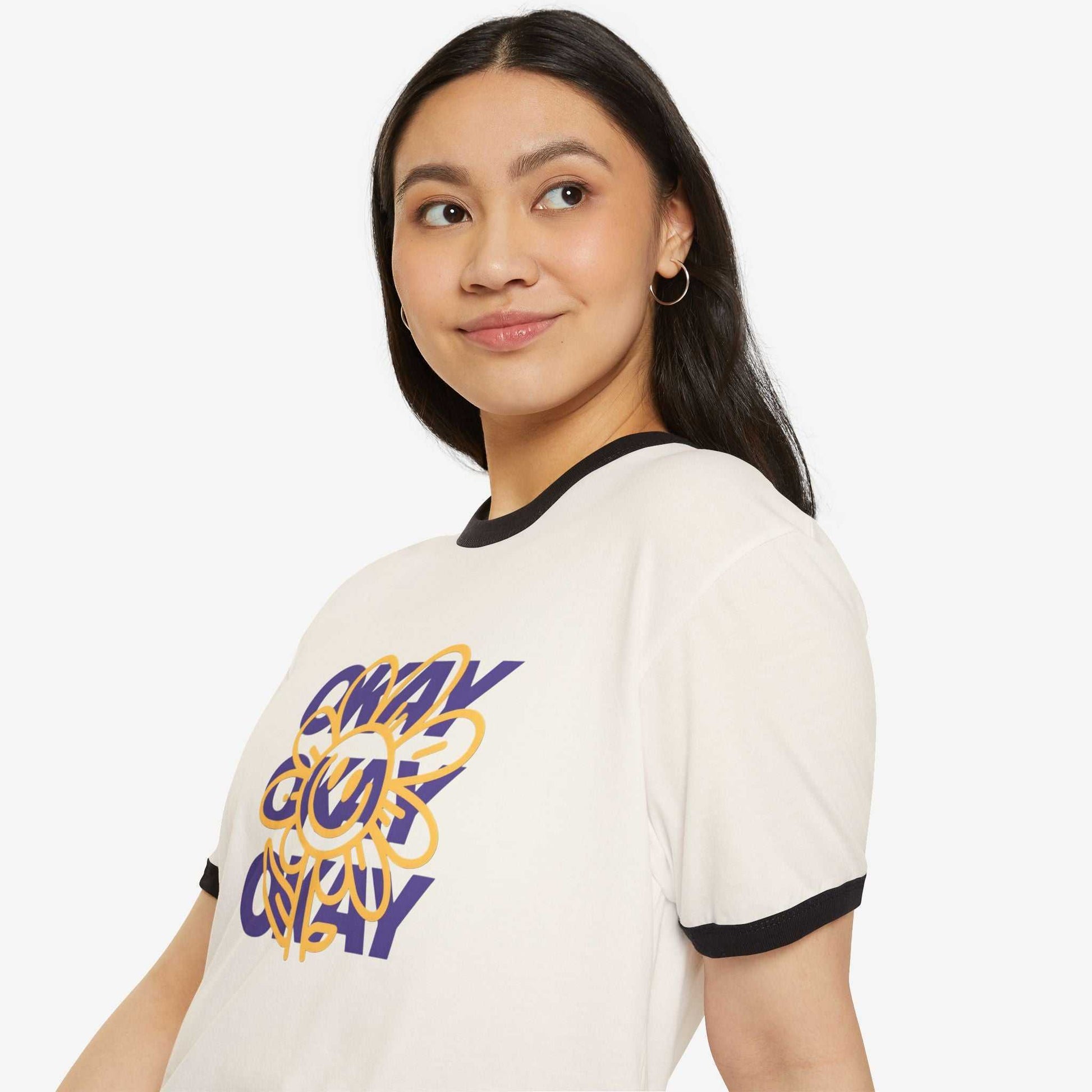 Unisex Cotton Ringer T-Shirt - "Okay" Floral Design, Casual Wear