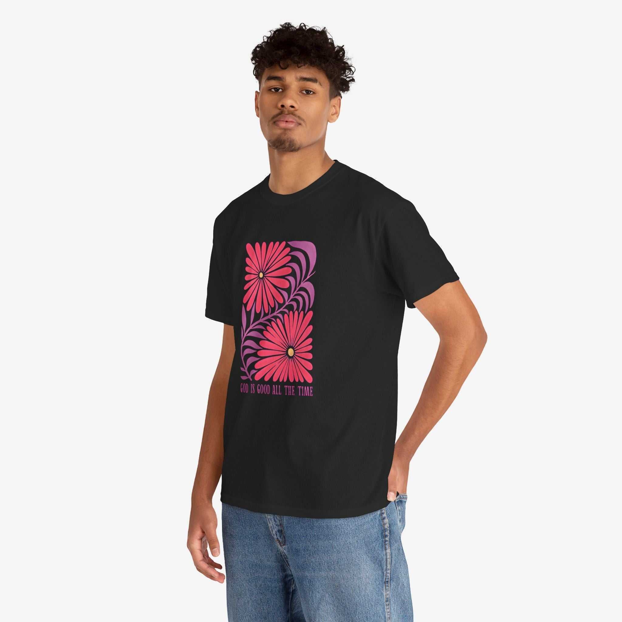God is Good Heavy Cotton Tee - Inspirational Floral Design for Everyday Wear