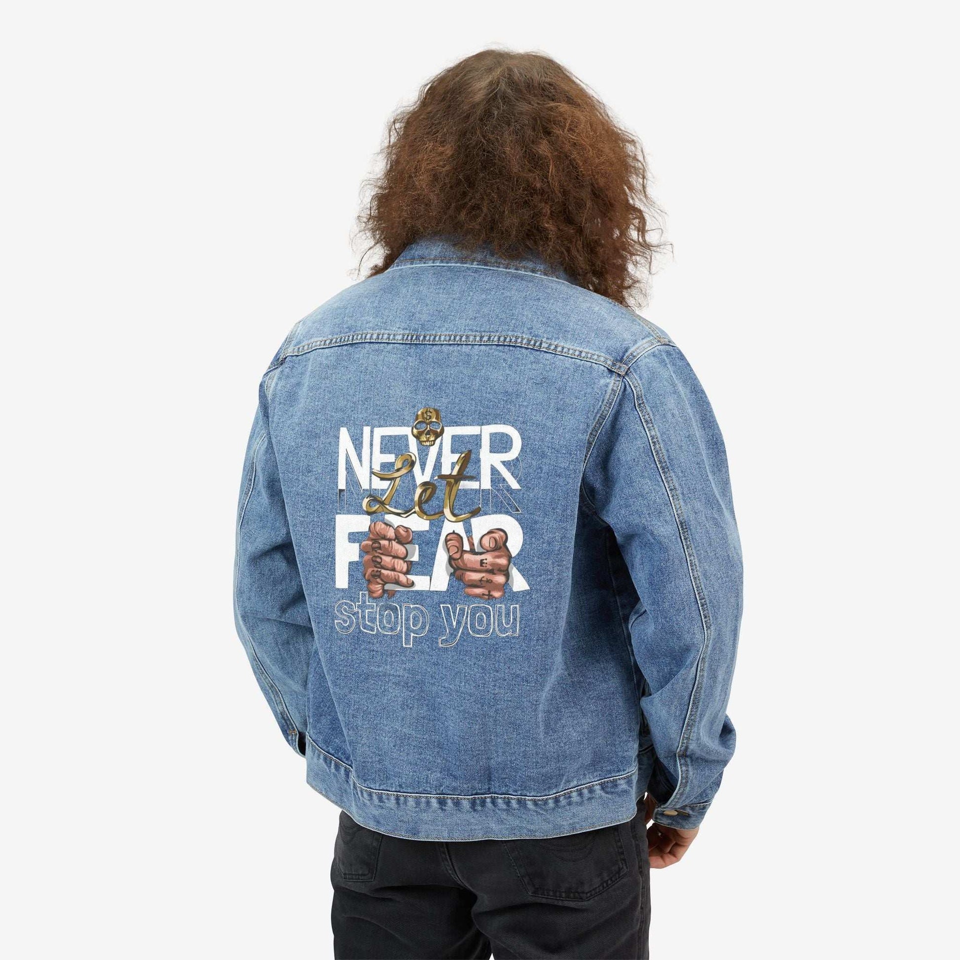 Men's Denim Jacket with Motivational Design - 'Never Let Fear Stop You'