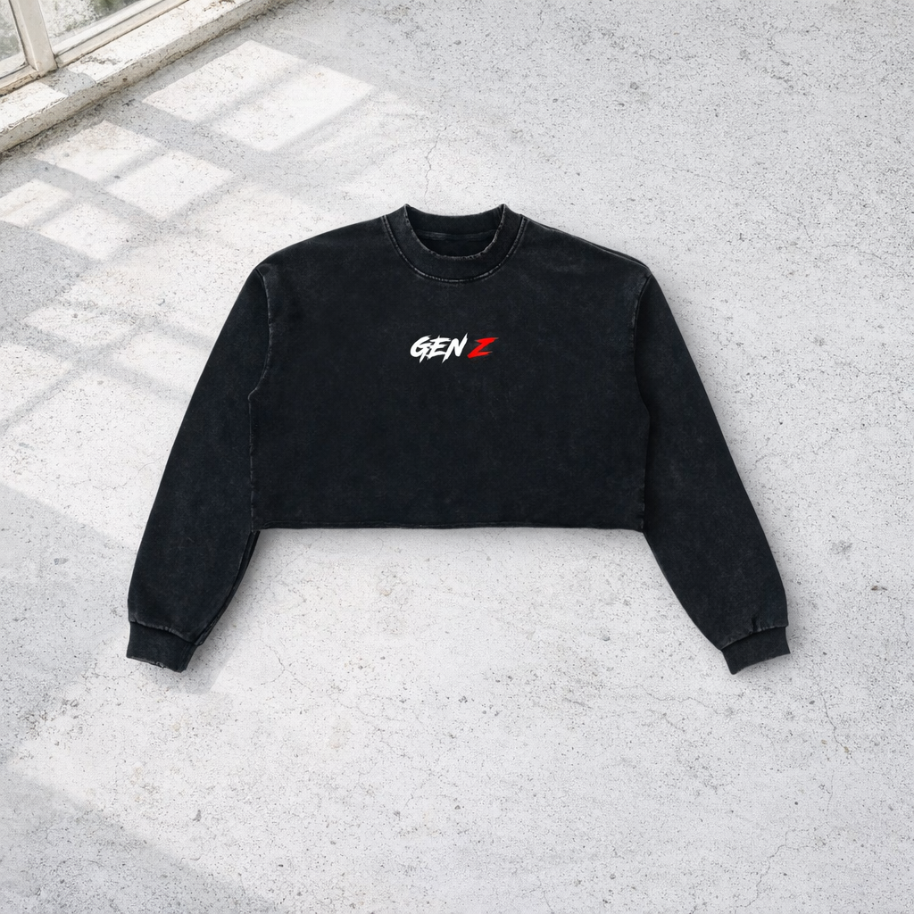 GEN Z Snow Washed Raw Edge Cropped Sweatshirt