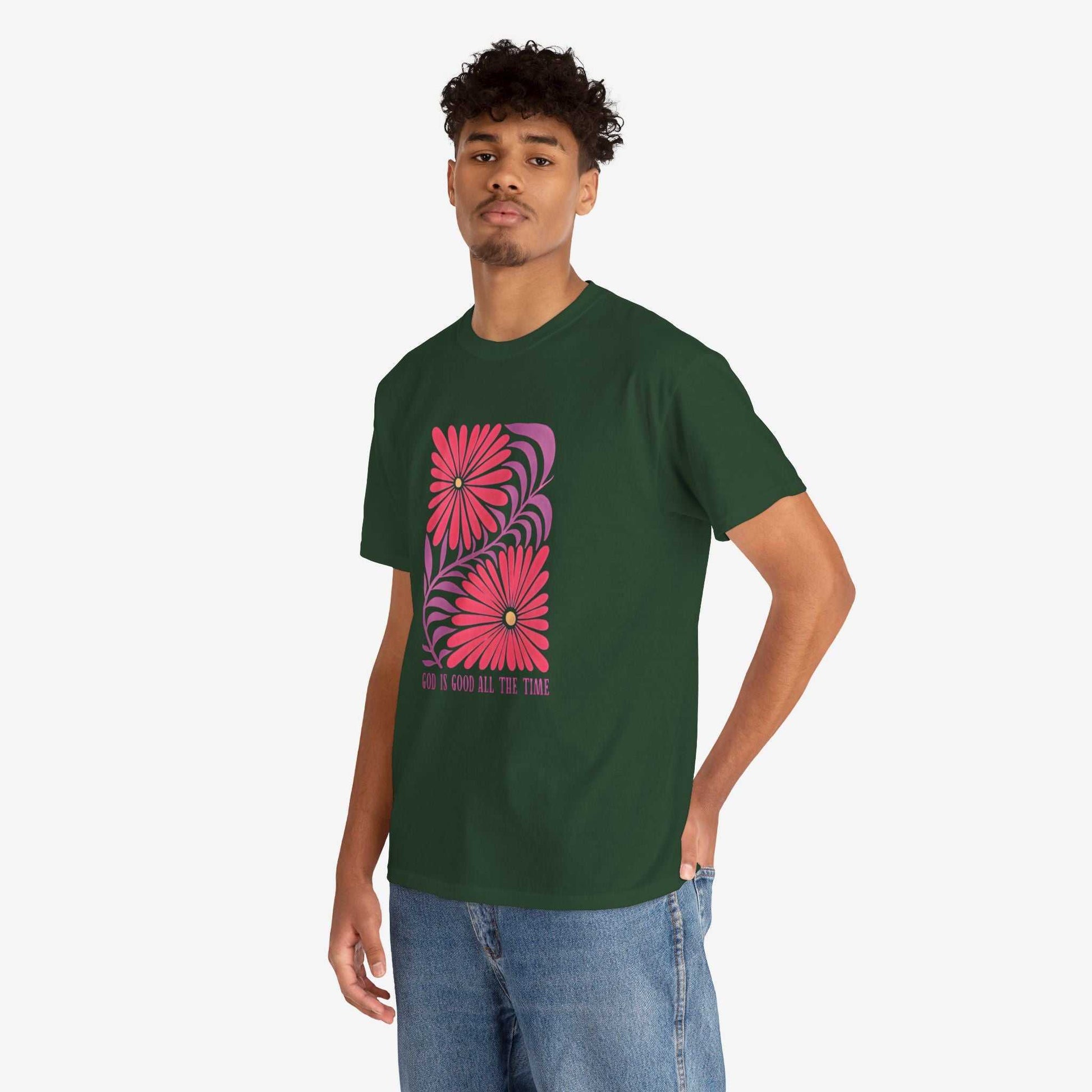 God is Good Heavy Cotton Tee - Inspirational Floral Design for Everyday Wear