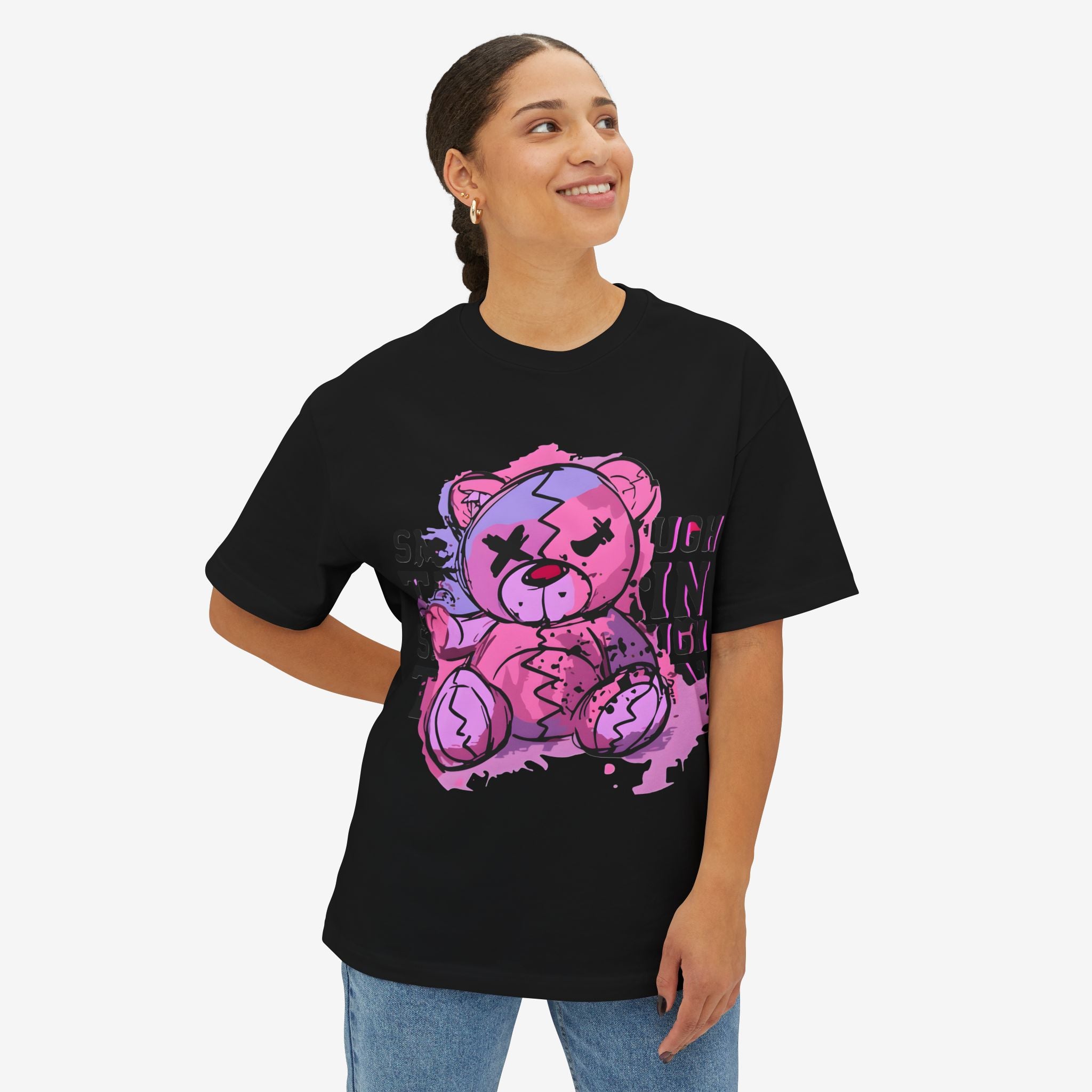Cute Oversized Tee with Graphic Bear Design, Fun Casual Wear, Gift for Teens, Weekend Style, Streetwear Fashion, Unique Graphic Tee