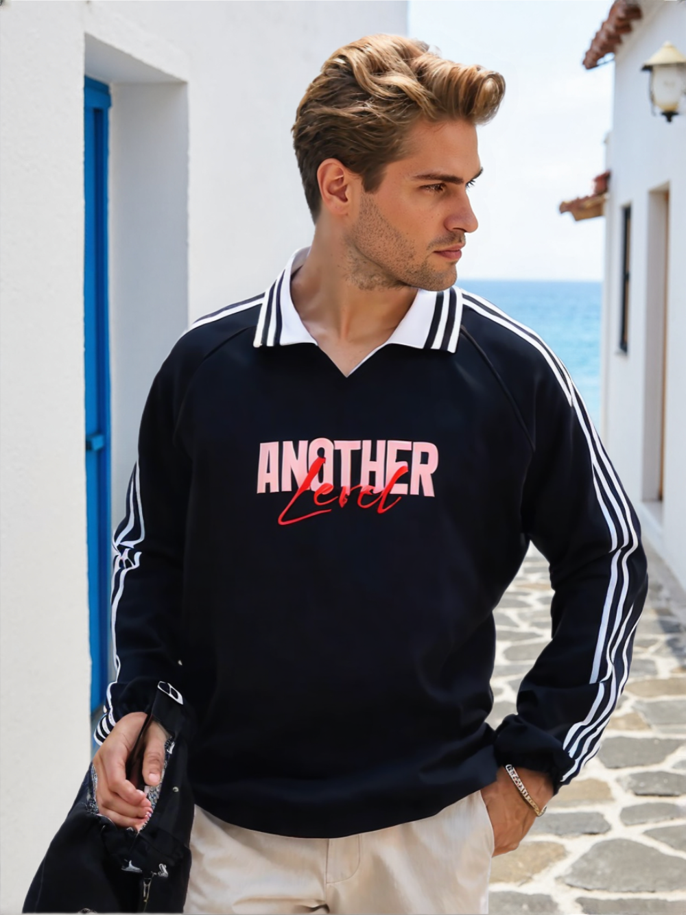 Contrast Striped Lapel Collar Sweatshirt