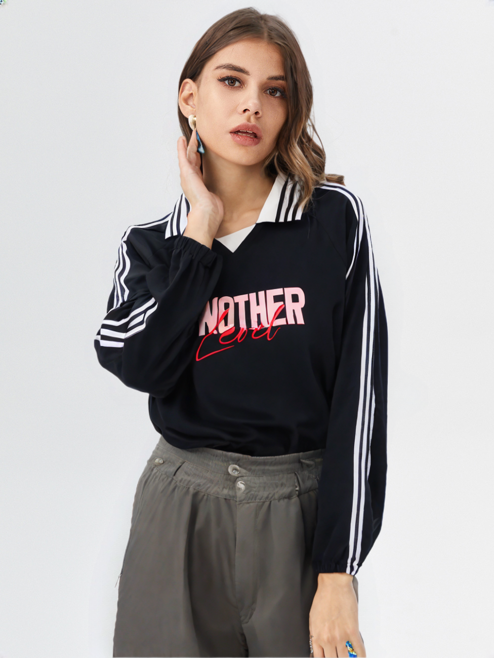 Contrast Striped Lapel Collar Sweatshirt