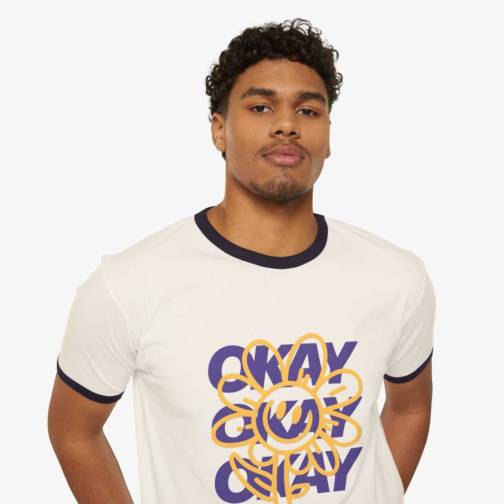 Unisex Cotton Ringer T-Shirt - "Okay" Floral Design, Casual Wear