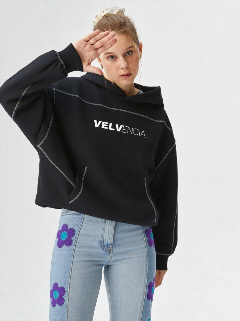 Contrast-Stitched Boxy Fleece Hoodie