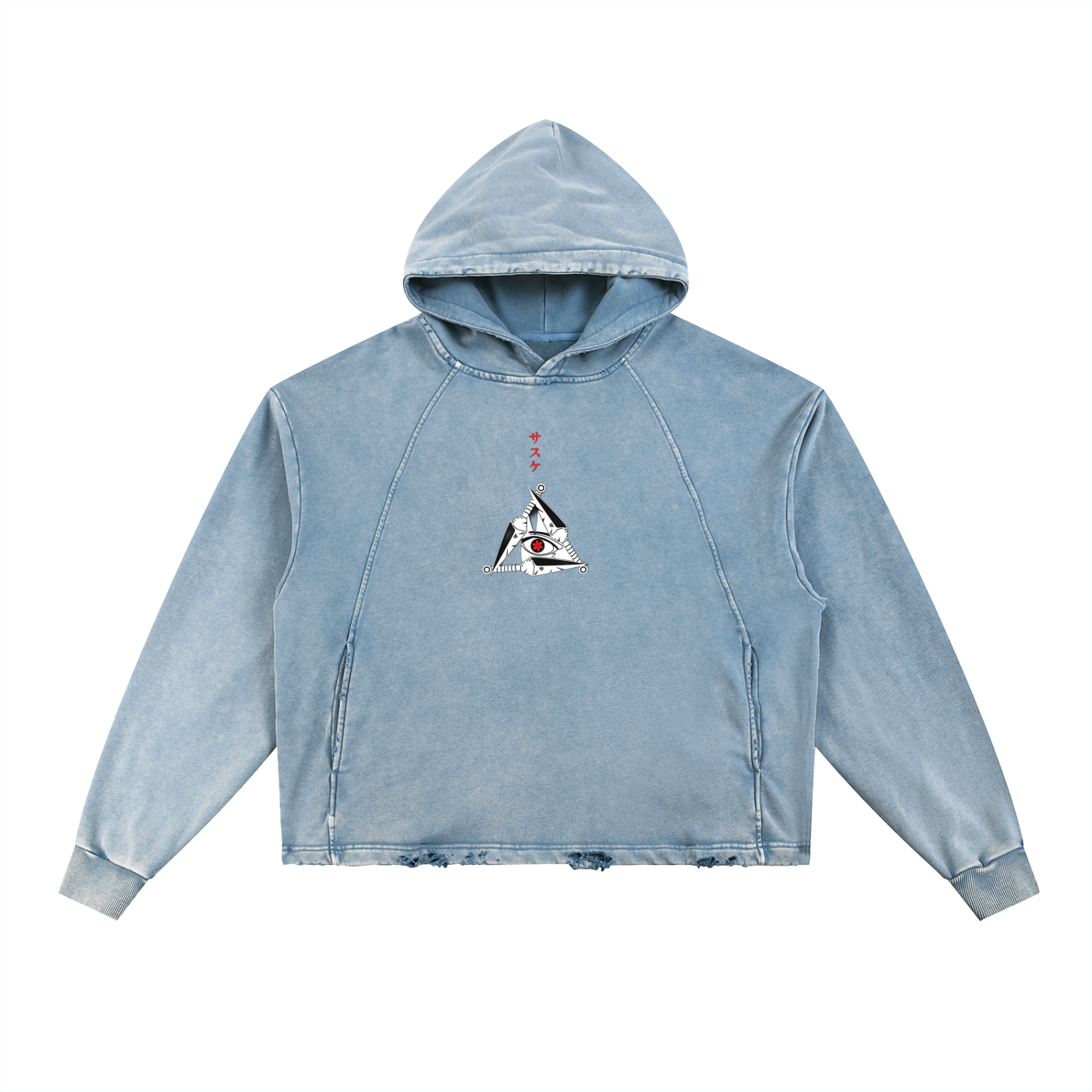 Light blue hoodie with a graphic design on a white background