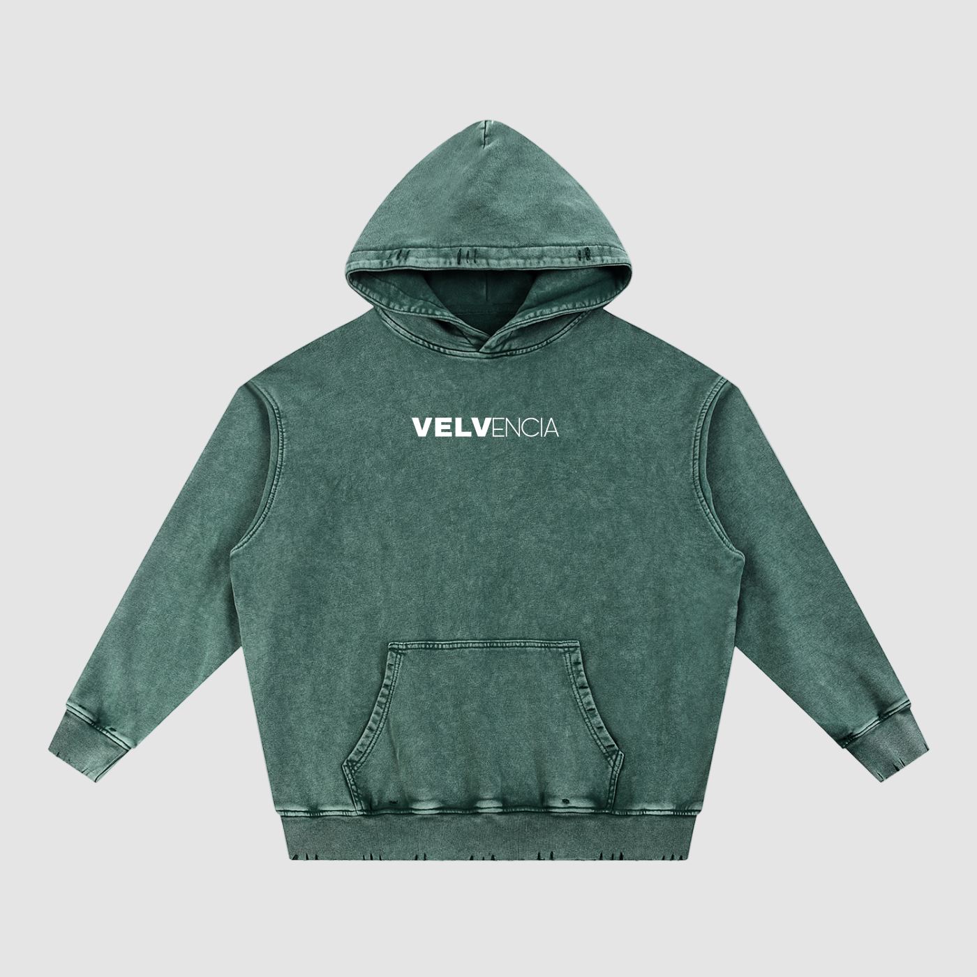 Green hoodie with 'Velvencia' logo on a white background