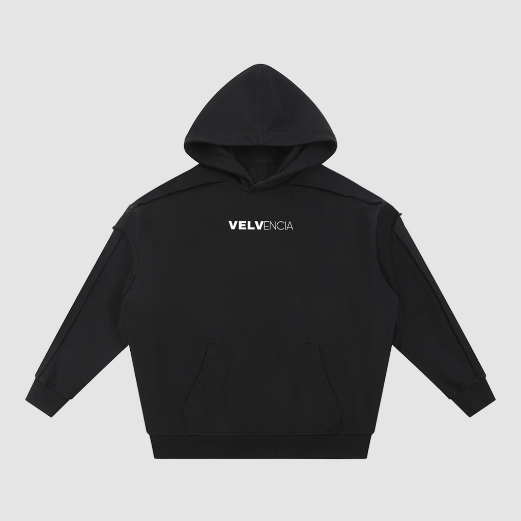 Black hoodie with 'VELVENIA' logo on a white background