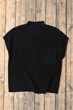 Black Patch Pocket Ribbed Knit Short Sleeve Sweater