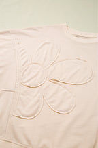 Beige Raw Edge Flower Patch Drop Shoulder Long Sleeve Top