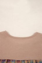 Straw Yellow Waffle Stripe Plaid Patchwork Henley Top