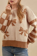 Straw Yellow Striped Checkered Sleeves Bow Print Knit Sweater