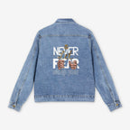 Men's Denim Jacket with Motivational Design - 'Never Let Fear Stop You'