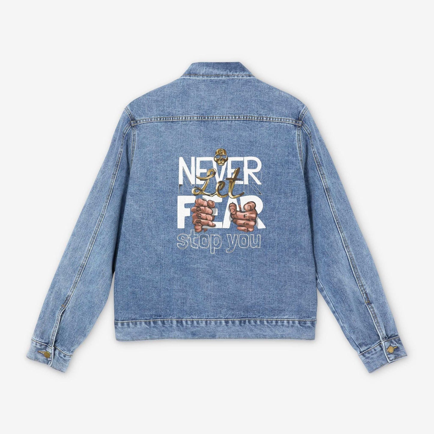 Men's Denim Jacket with Motivational Design - 'Never Let Fear Stop You'