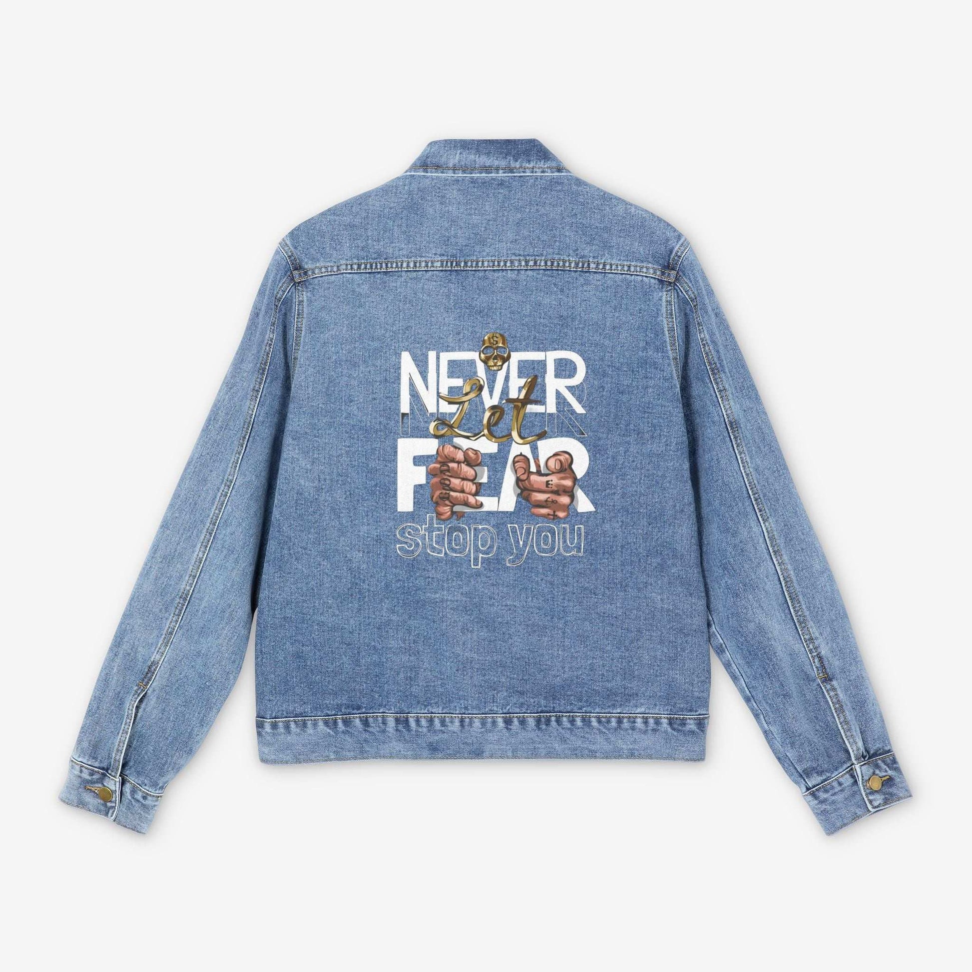 Men's Denim Jacket with Motivational Design - 'Never Let Fear Stop You'