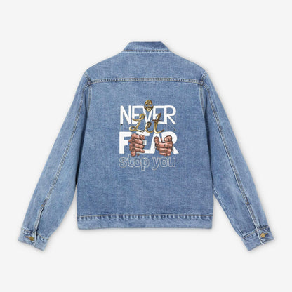 Men's Denim Jacket with Motivational Design - 'Never Let Fear Stop You'