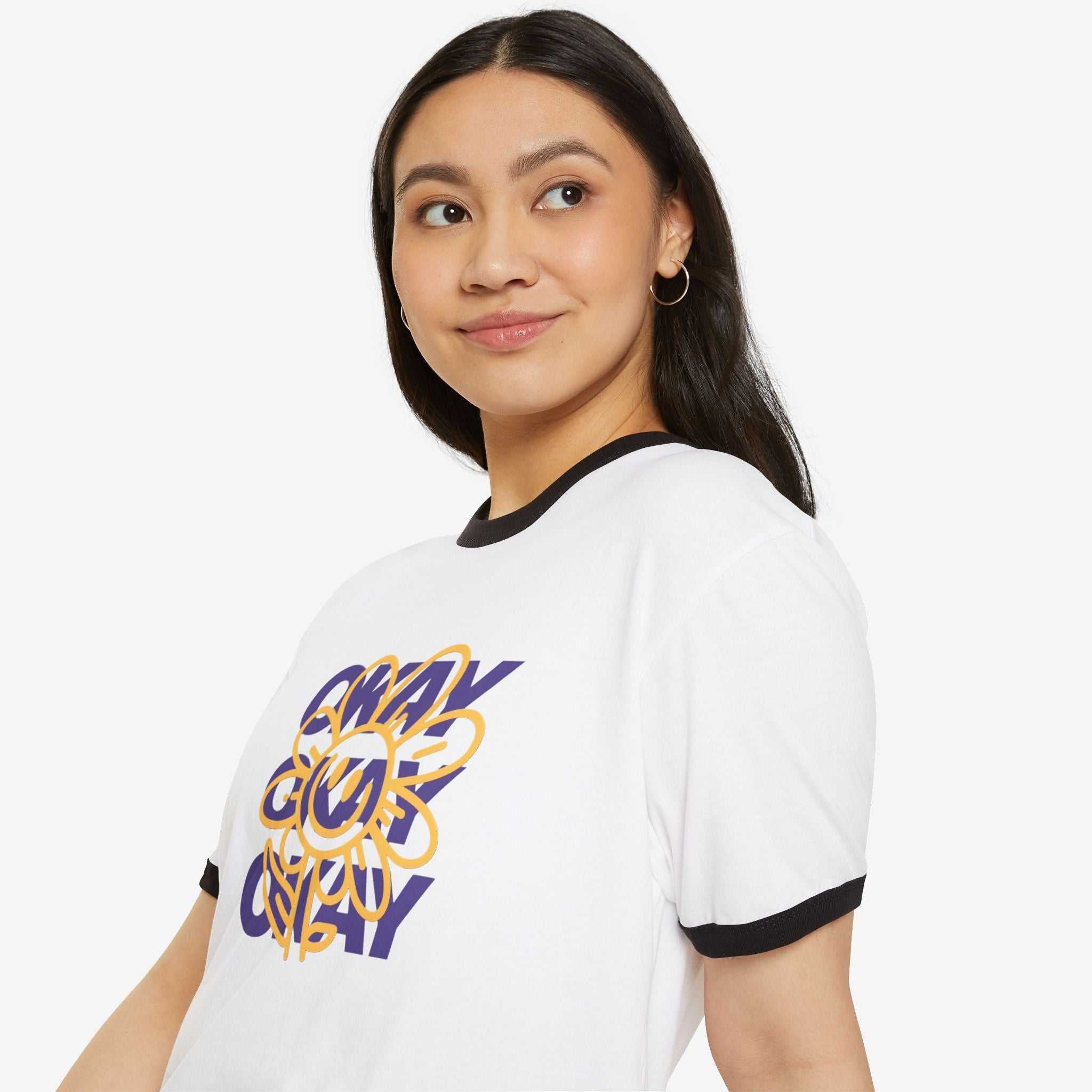 Unisex Cotton Ringer T-Shirt - "Okay" Floral Design, Casual Wear