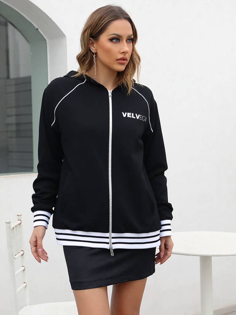 Striped Trim Zip-Up Hoodie