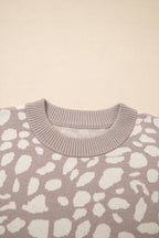 Gray Leopard Spots Pattern Ribbed Trim Drop Shoulder Sweater