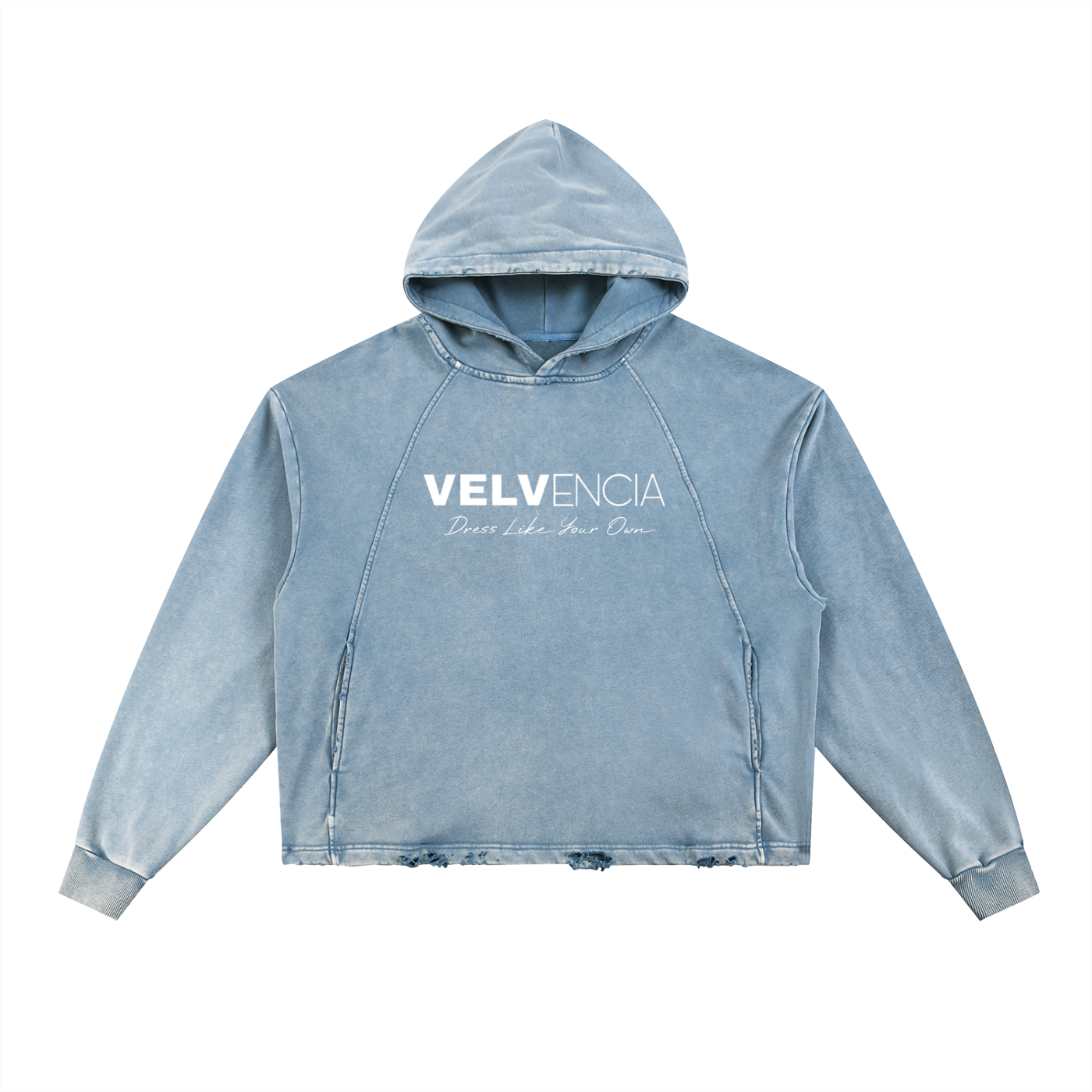 Blue hoodie with 'Velvencia' logo on a white background