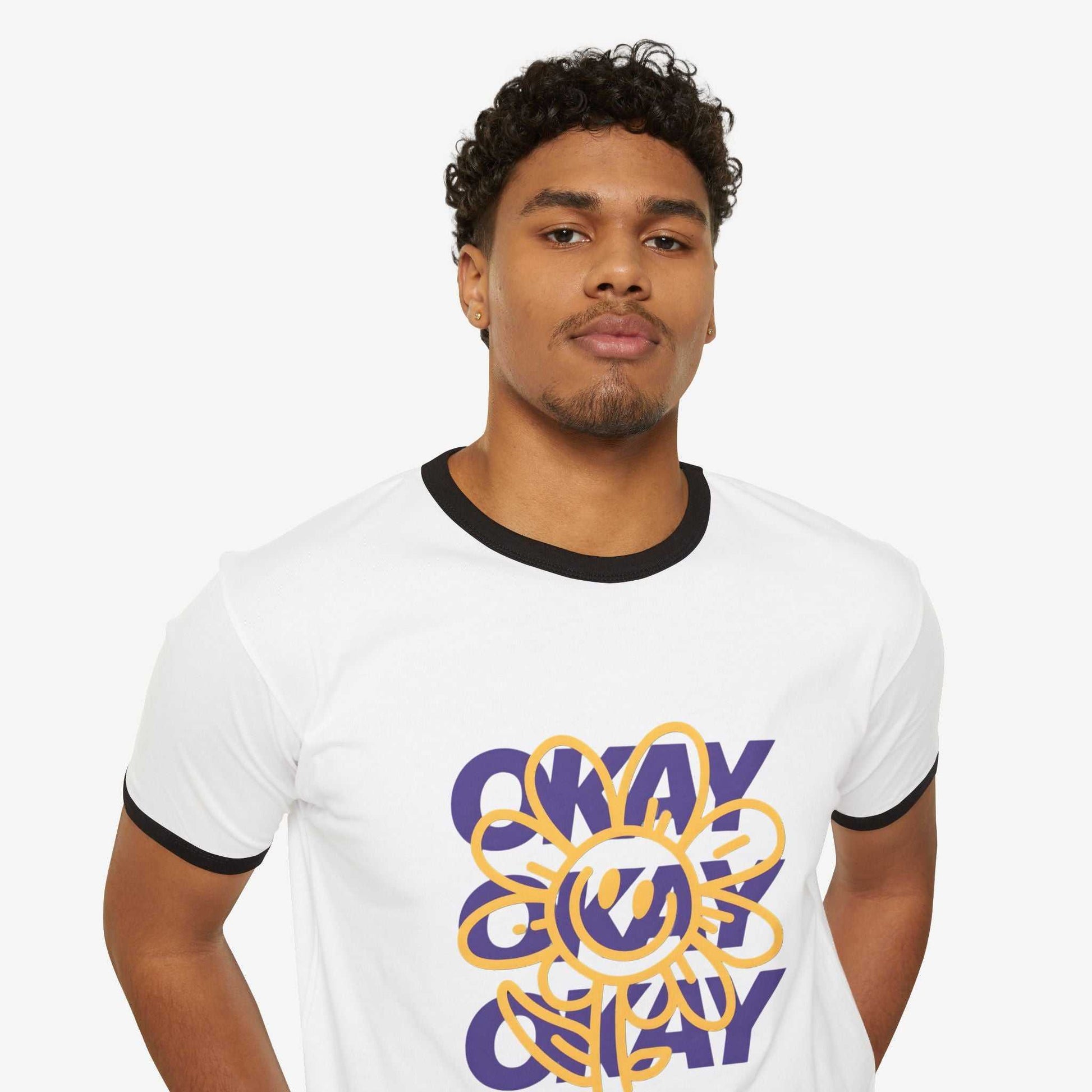 Unisex Cotton Ringer T-Shirt - "Okay" Floral Design, Casual Wear