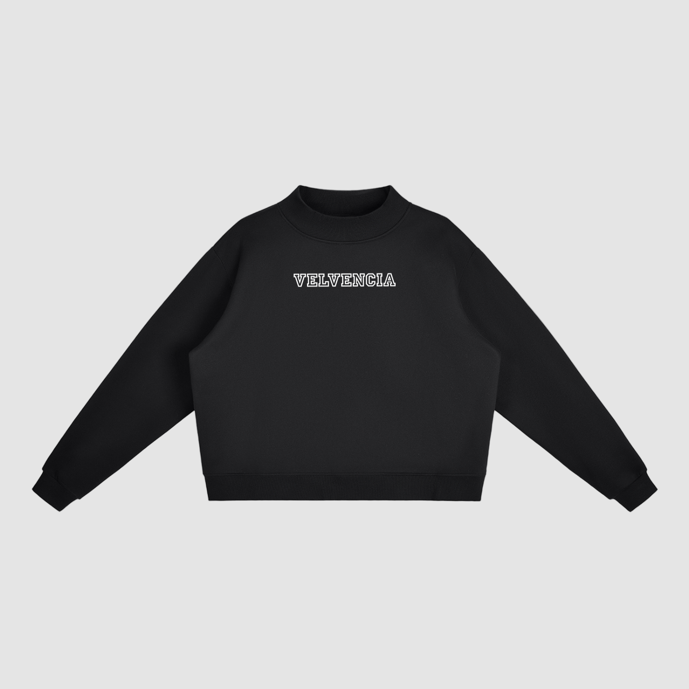 Black sweatshirt with 'VELVENCIA' branding on a white background
