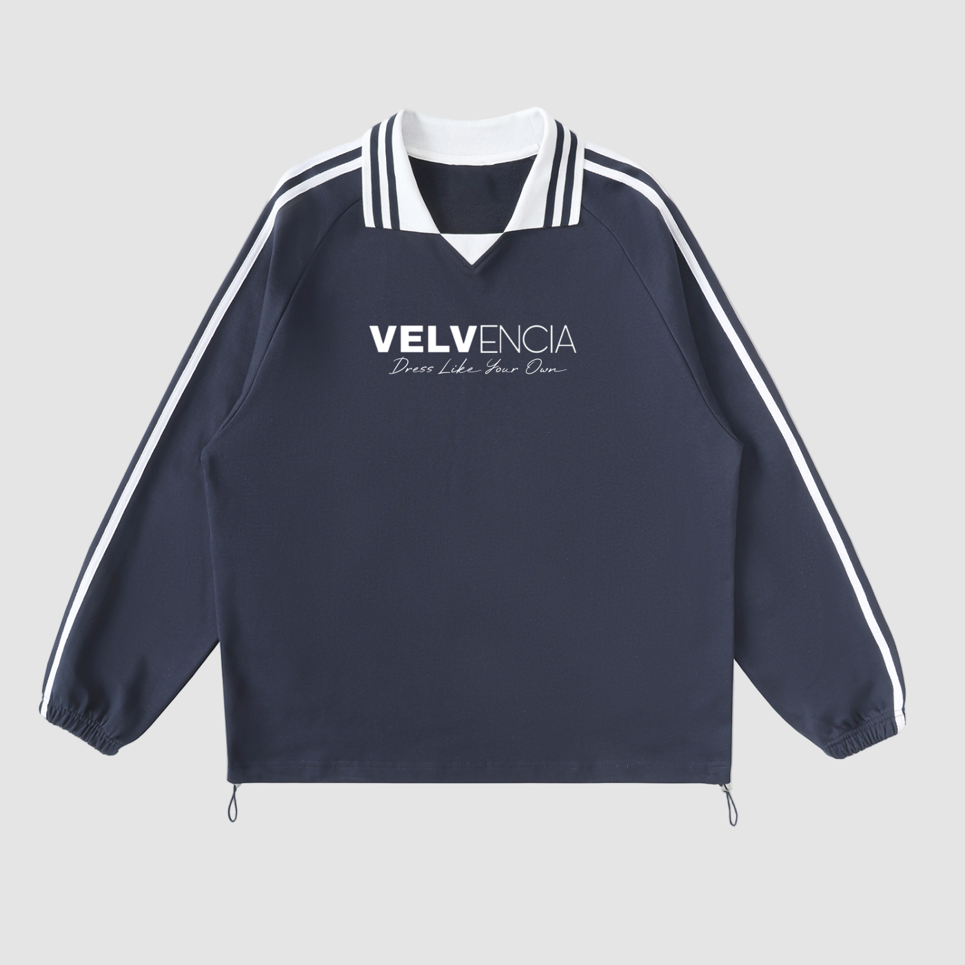 Navy jacket with white stripes and 'VELVENCIA' logo on a white background